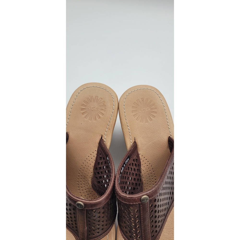 UGG Solena Women's Wedge Sandals 7.5 Brown Leather Perforated Comfort Thong - Picture 11 of 11